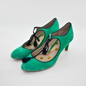 BODEN Womens Lilli Tassel Mary Jane Heel Size 39.5 Green Suede Pump Retro Twee